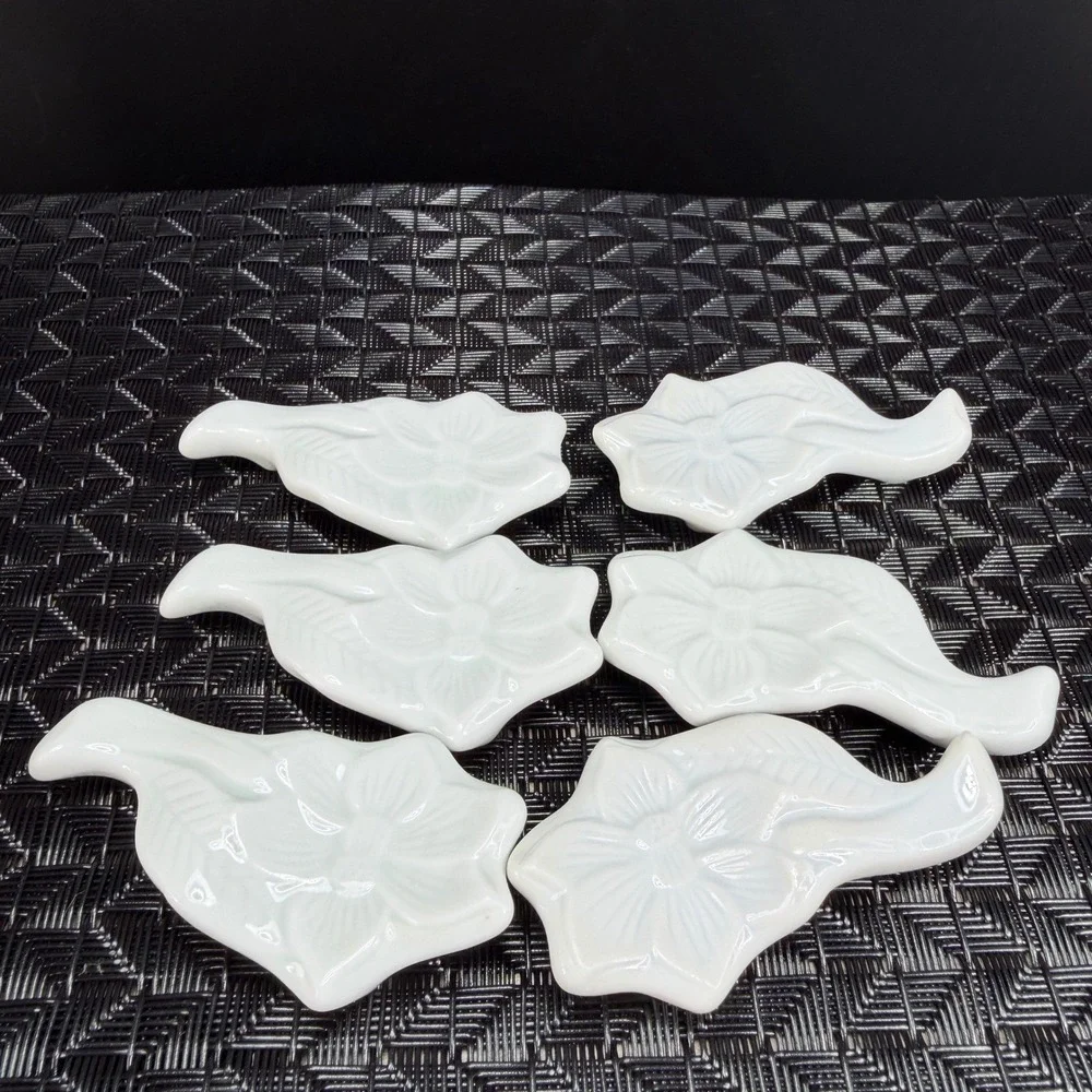 Vintage White Porcelain Floral Chopstick Rests Set of 6 Embossed Flower Leaf VTG